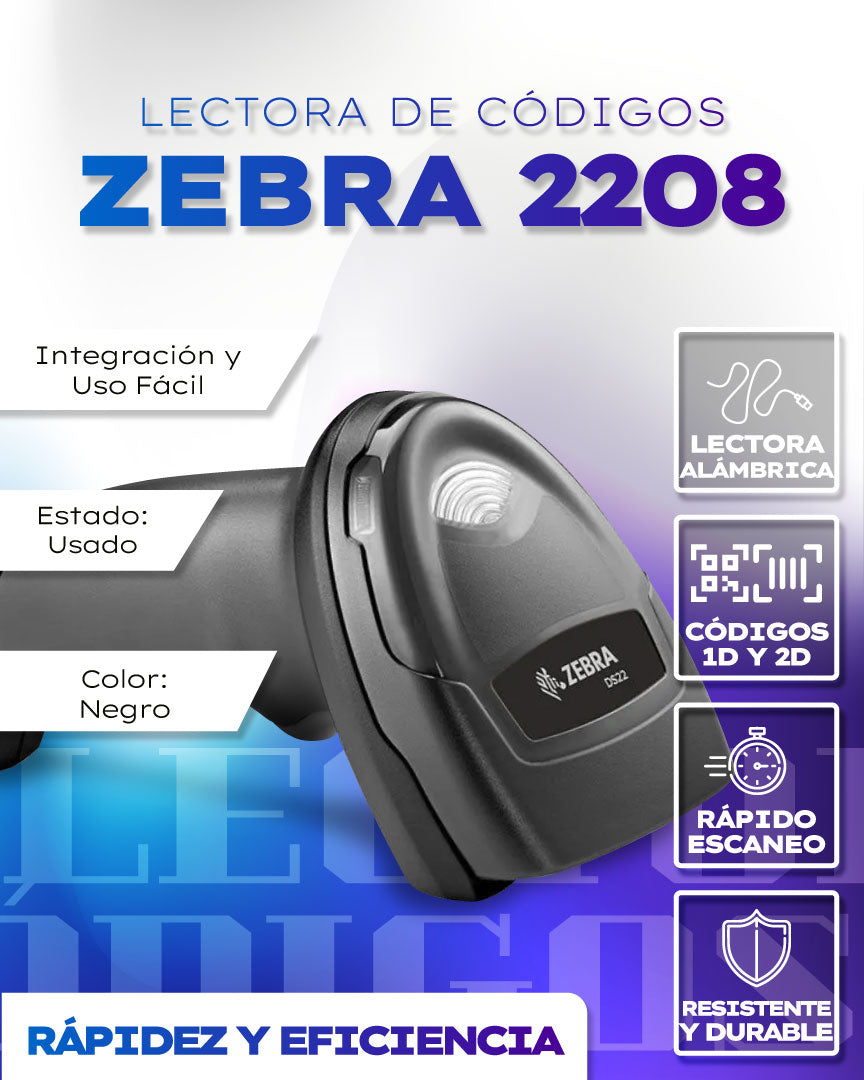 Lector de códigos 1D y 2D Zebra 2208 (Usado)